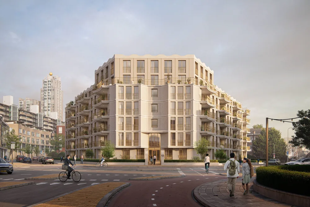 Voorlopig ontwerp van het bouwplan aan de Badhuisweg, gezien vanaf de kruising
